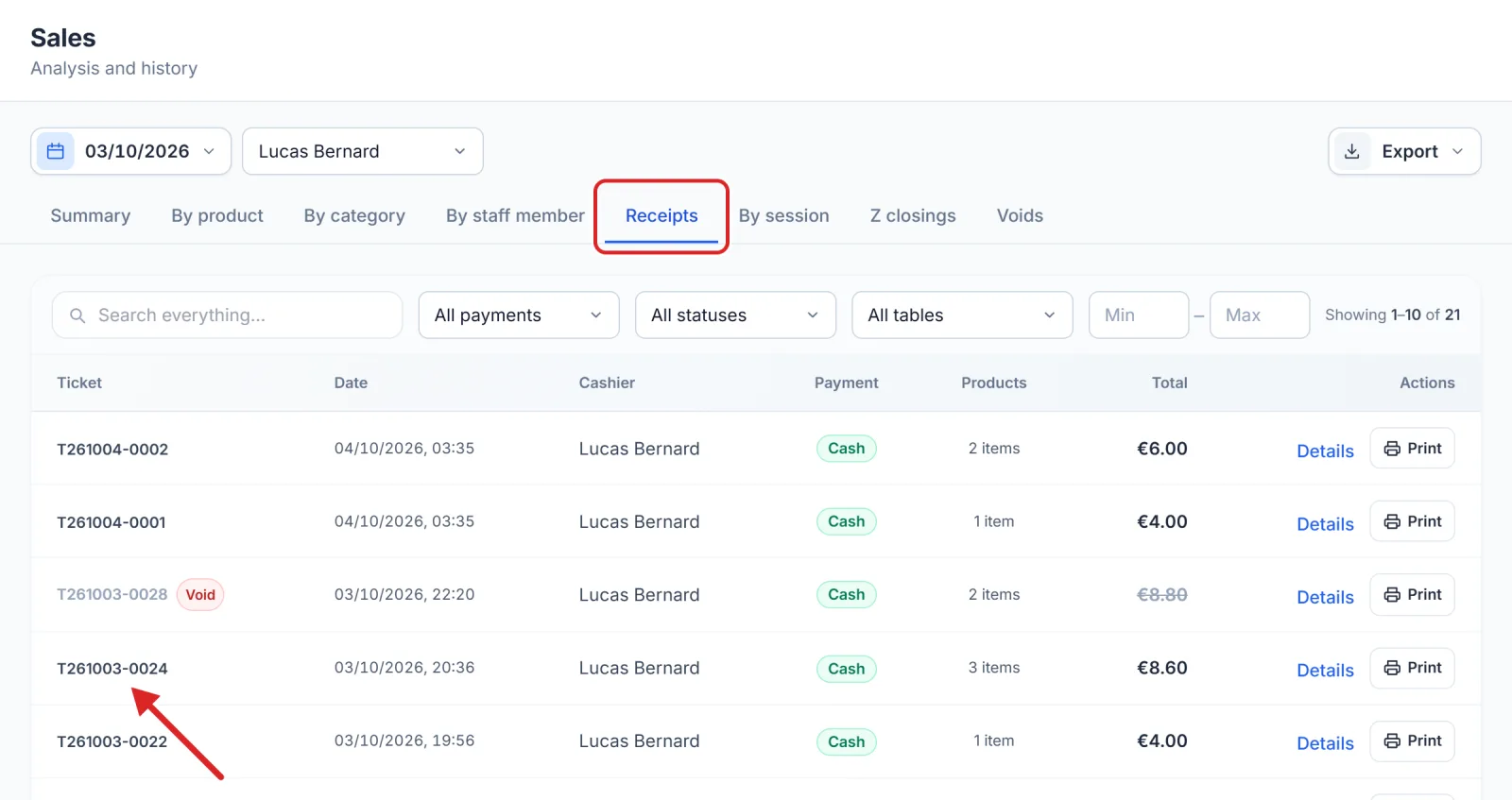 The Receipts tab of the Sales screen