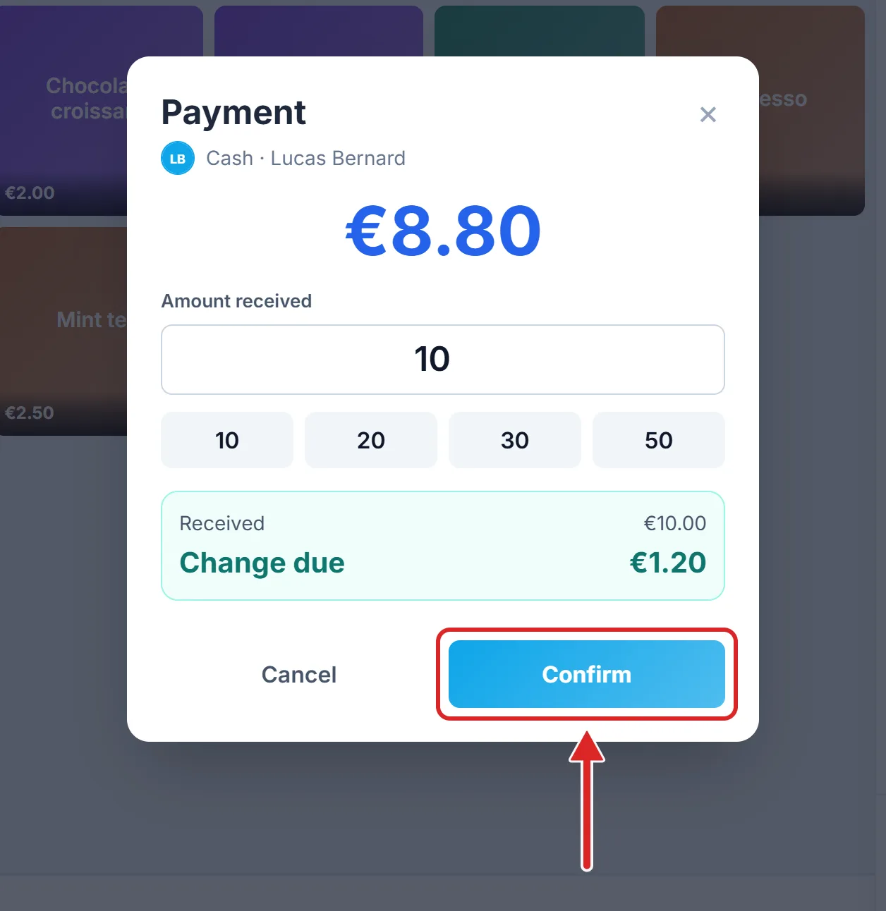 The payment window, with the change due