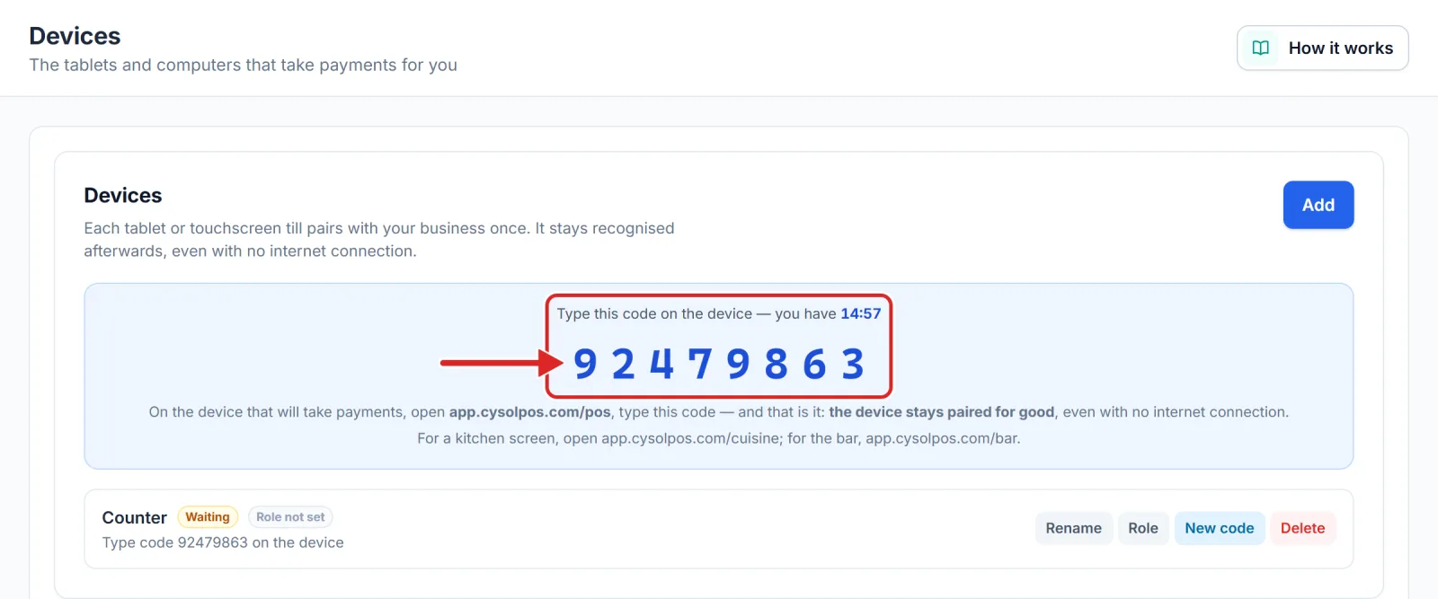 The pairing code and the time it has left