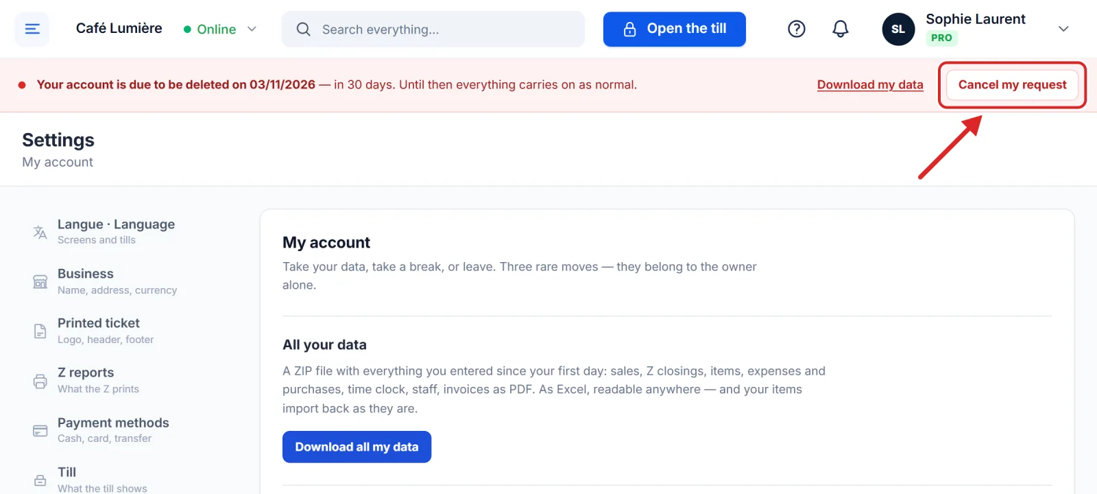 The banner of a deletion request, with the Cancel my request button