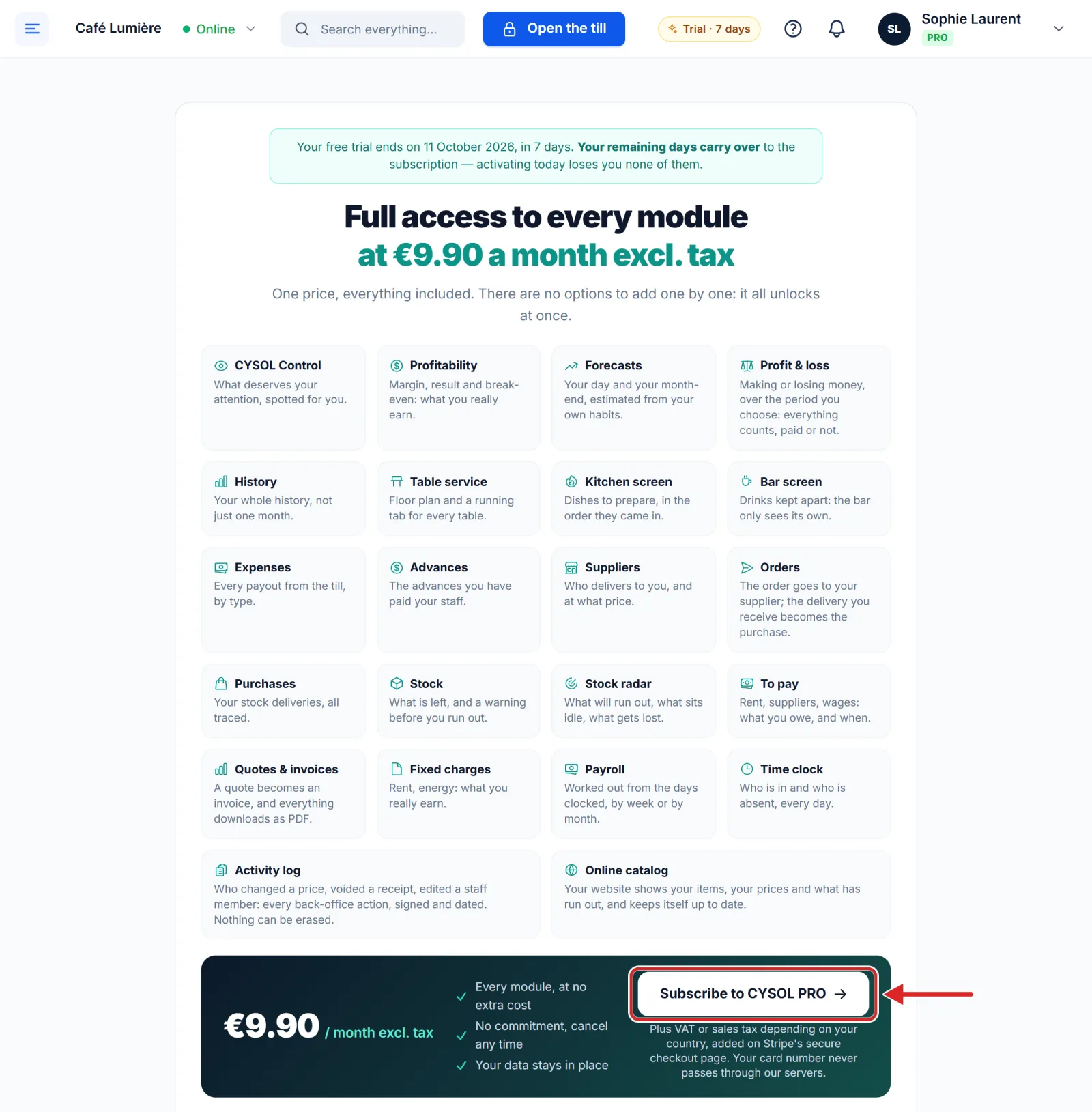 The Subscribe to CYSOL PRO button, during the free trial