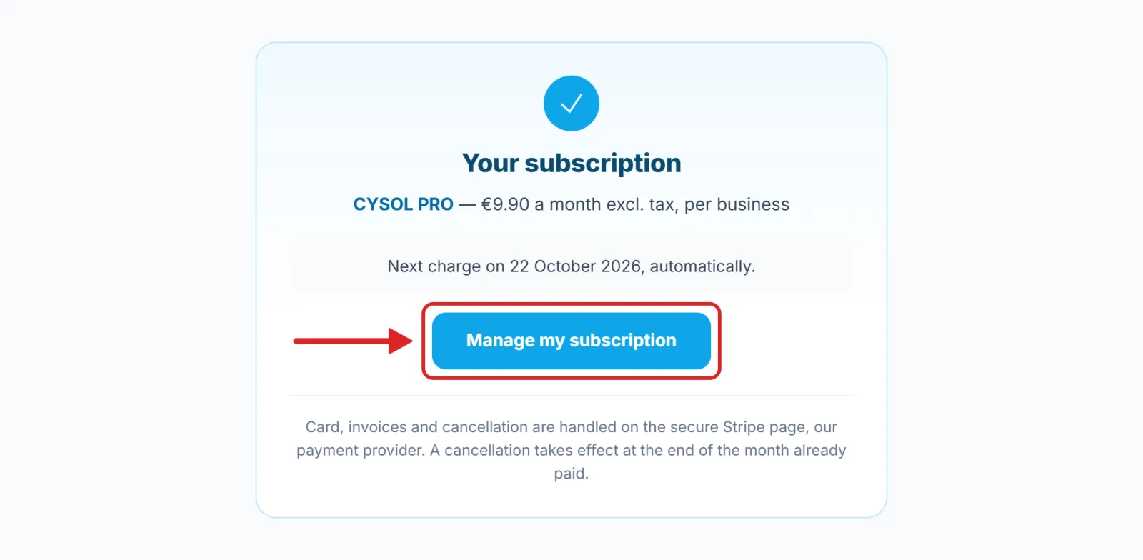 The Your subscription screen, with the Manage my subscription button