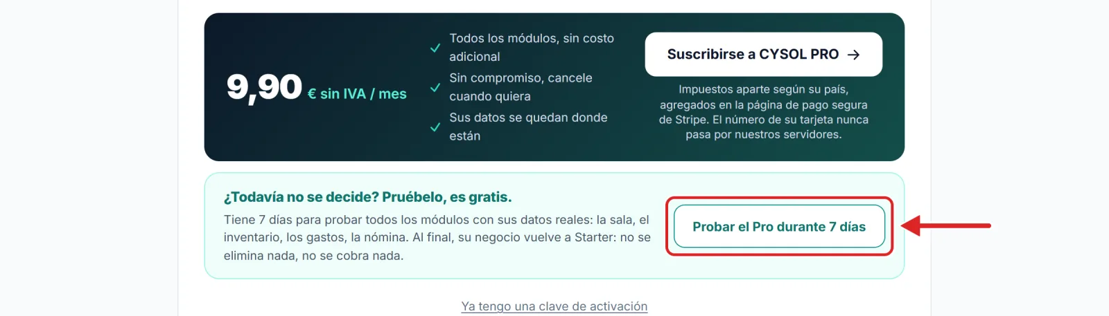 La pantalla del plan Pro, con el botón de la prueba gratuita