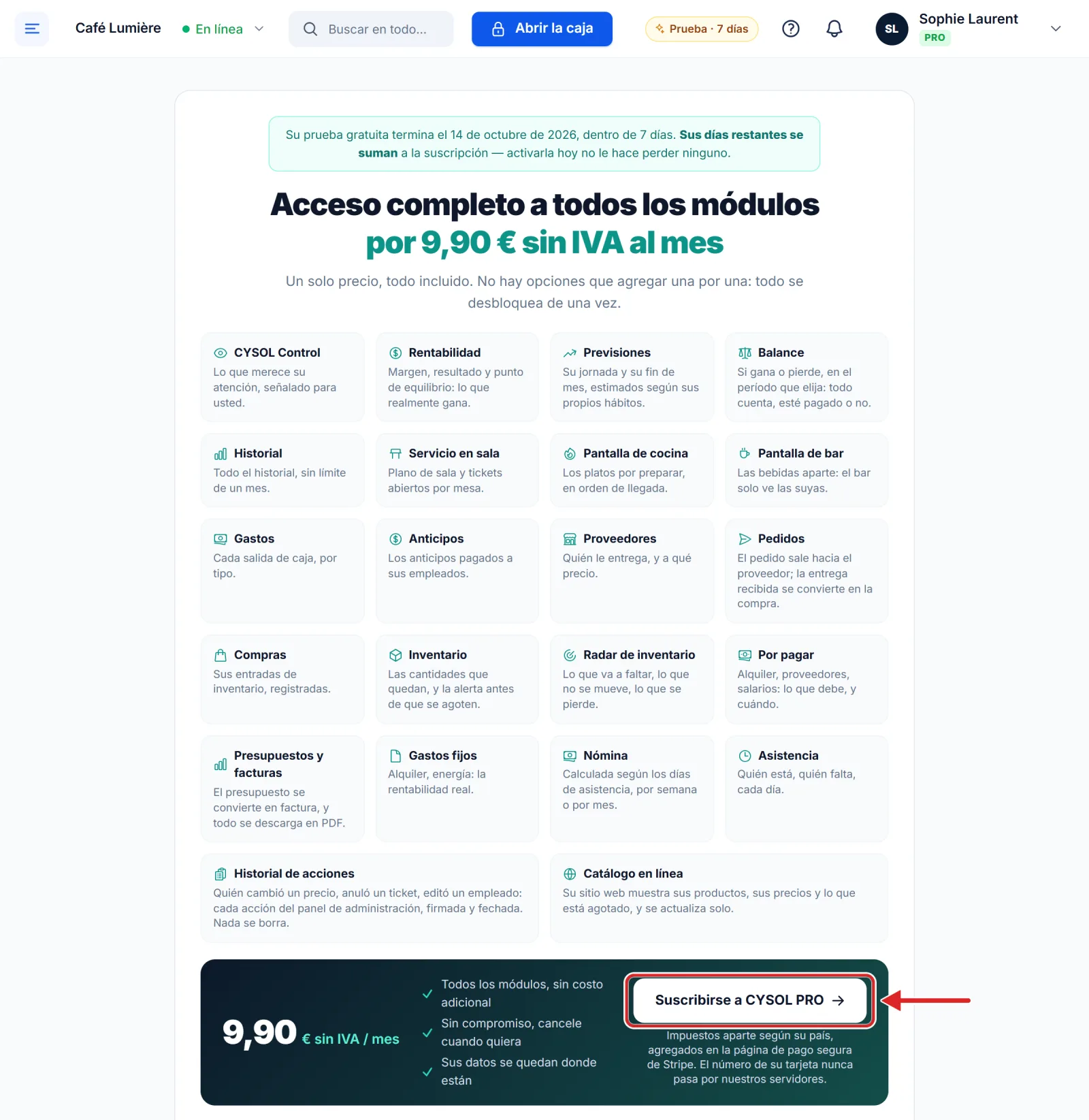 El botón Suscribirse a CYSOL PRO, durante la prueba gratuita