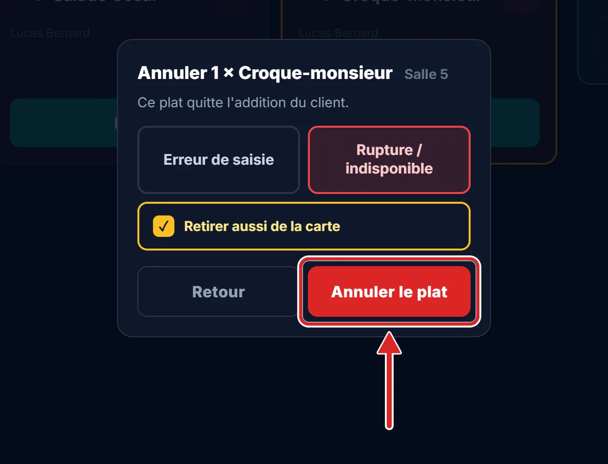 Retirer un plat depuis l'écran de cuisine, sans code