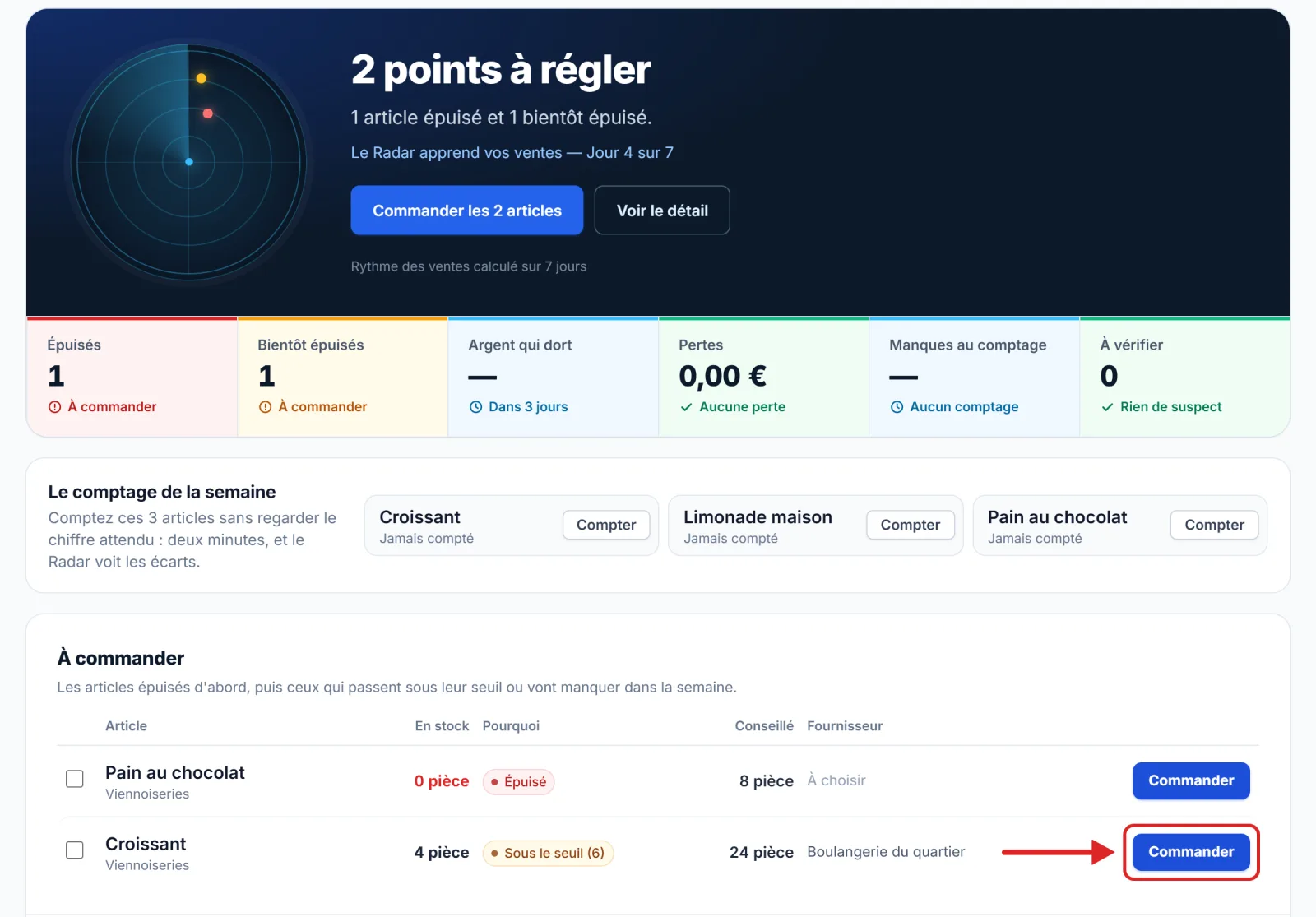 Le Radar stock, avec deux articles à commander