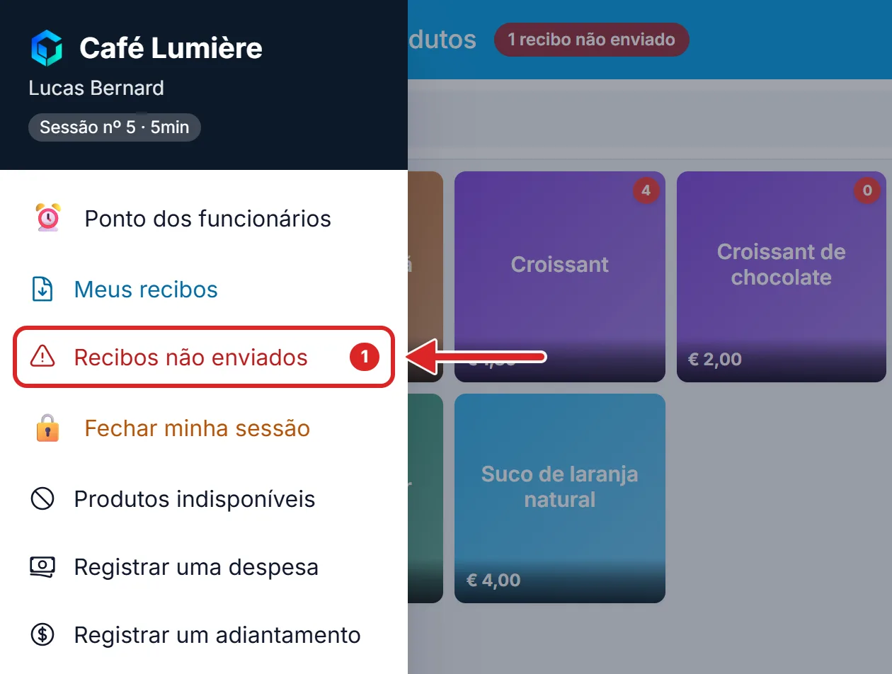 Os recibos recusados, no menu do caixa