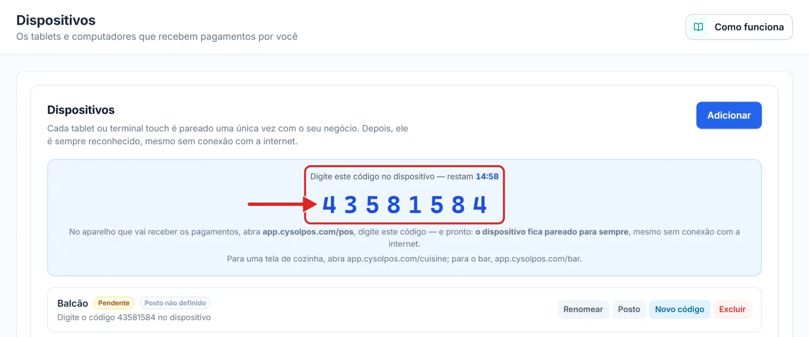 O código de pareamento e o tempo que ainda resta