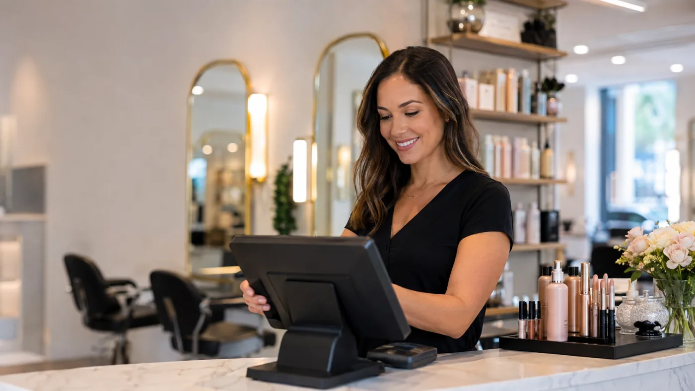At a hair salon reception, an employee records a service on the touchscreen till, in front of the mirrors and the products.