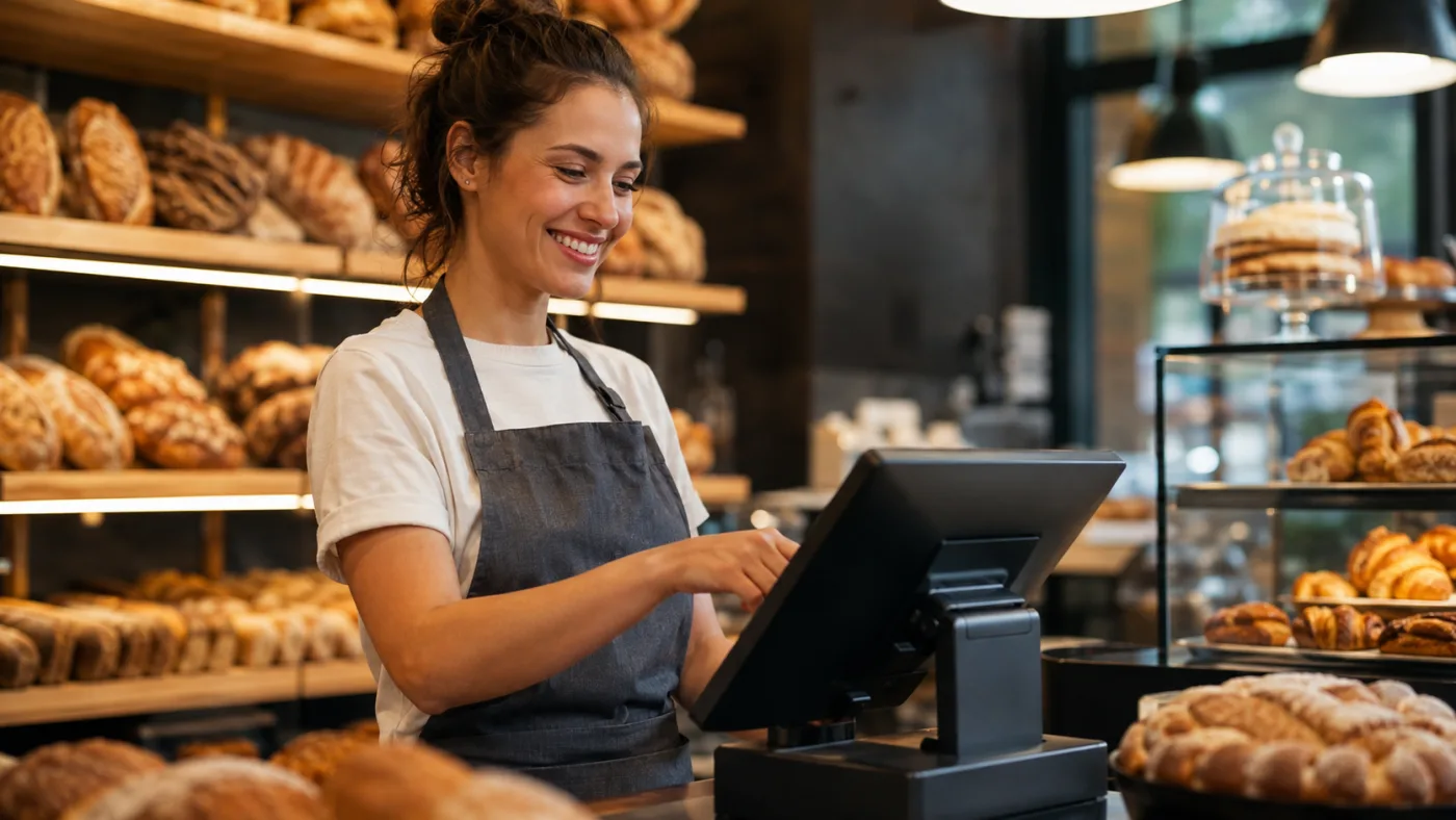 In a bakery, a shop assistant enters an order on a touchscreen till, in front of the bread and pastry shelves.