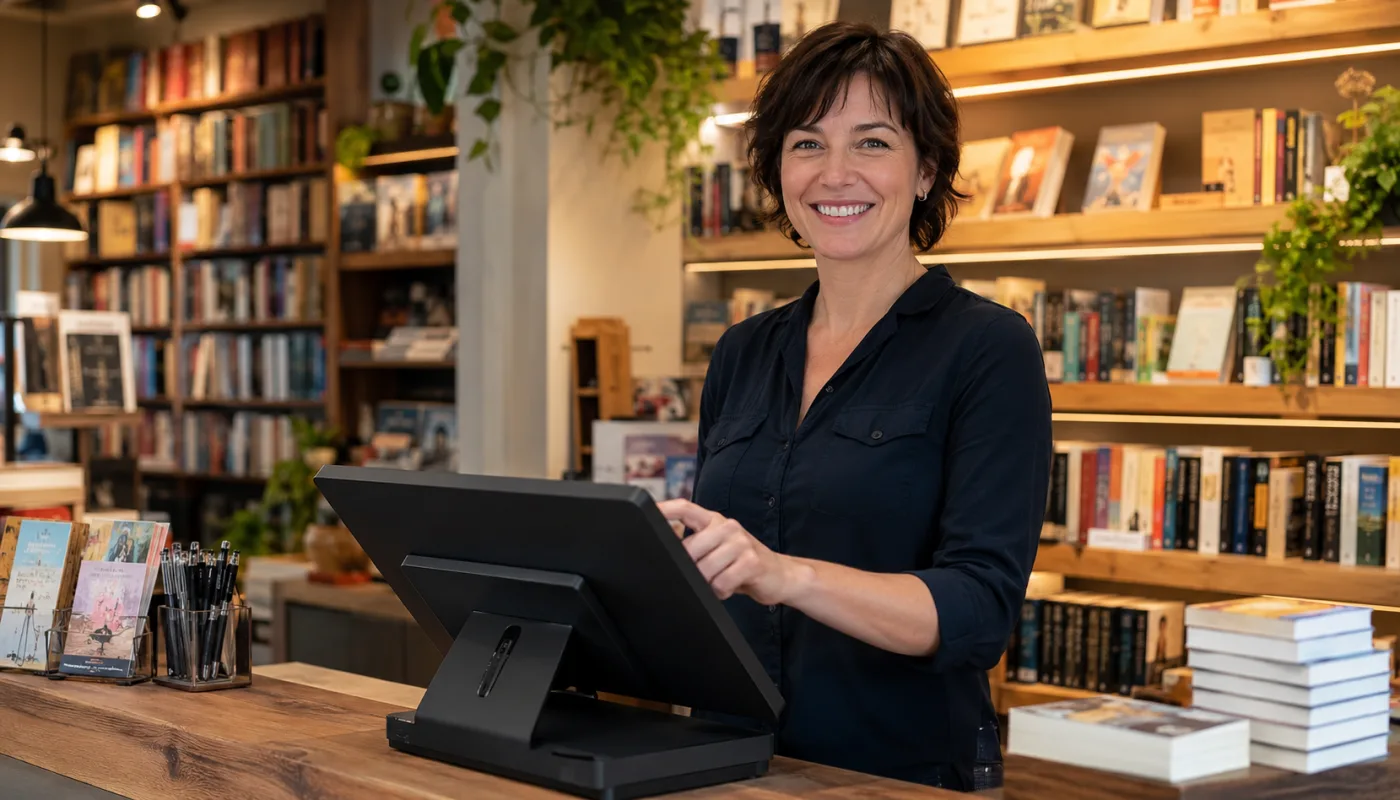 Em uma livraria, uma comerciante recebe um pagamento no caixa com tela touch, em frente às estantes de livros.