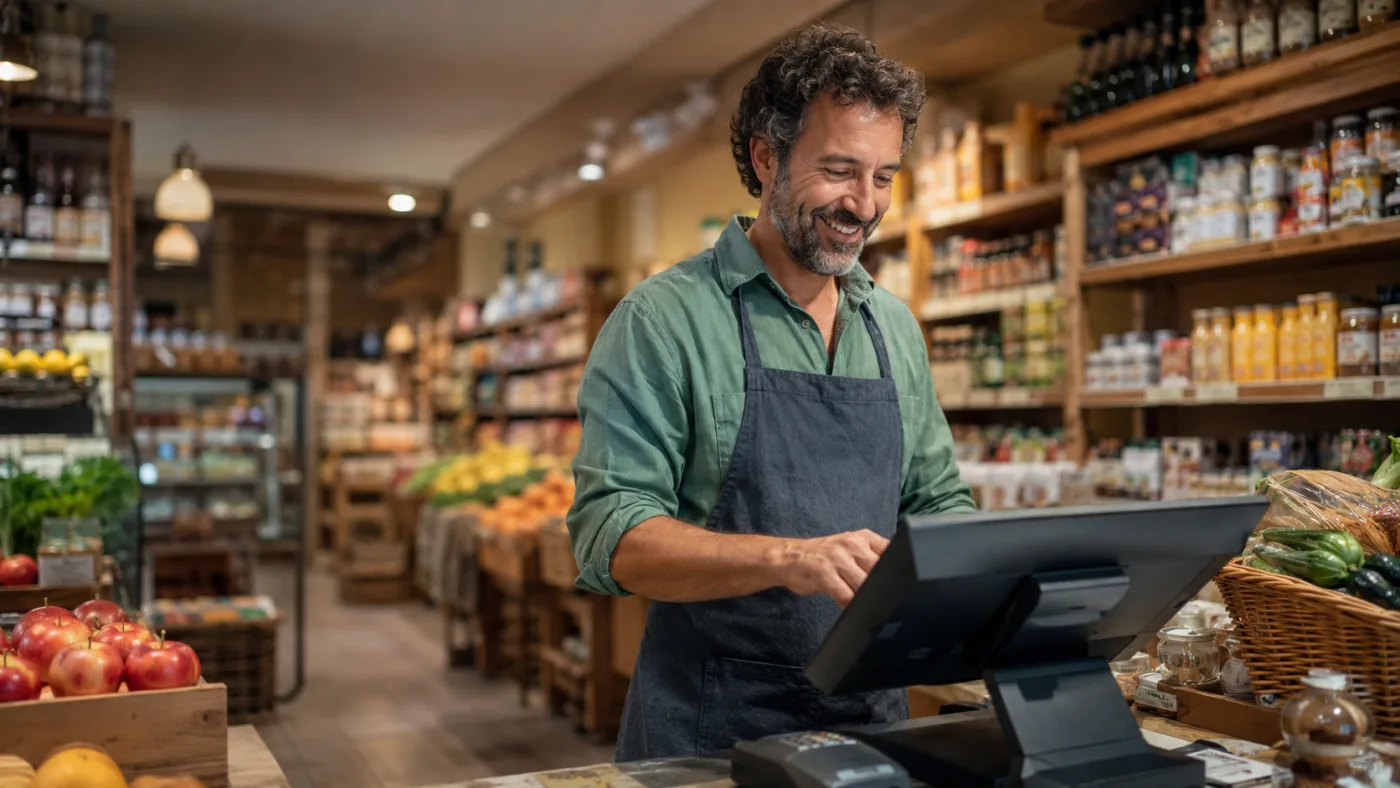 In a grocer's shop, a shopkeeper takes payment on a touchscreen till, between the tinned goods and the fruit crates.