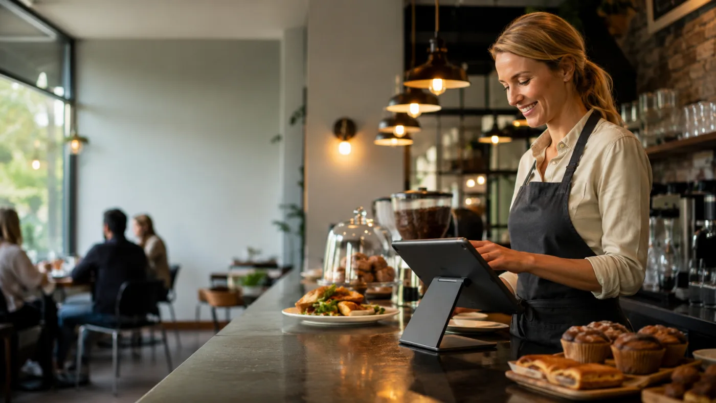Au comptoir d'un café, une employée encaisse une commande sur une tablette posée à côté des viennoiseries.