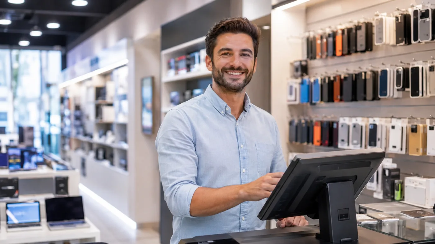 In a phone shop, an assistant takes payment on a touchscreen till in front of the wall of cases and the computers on display.