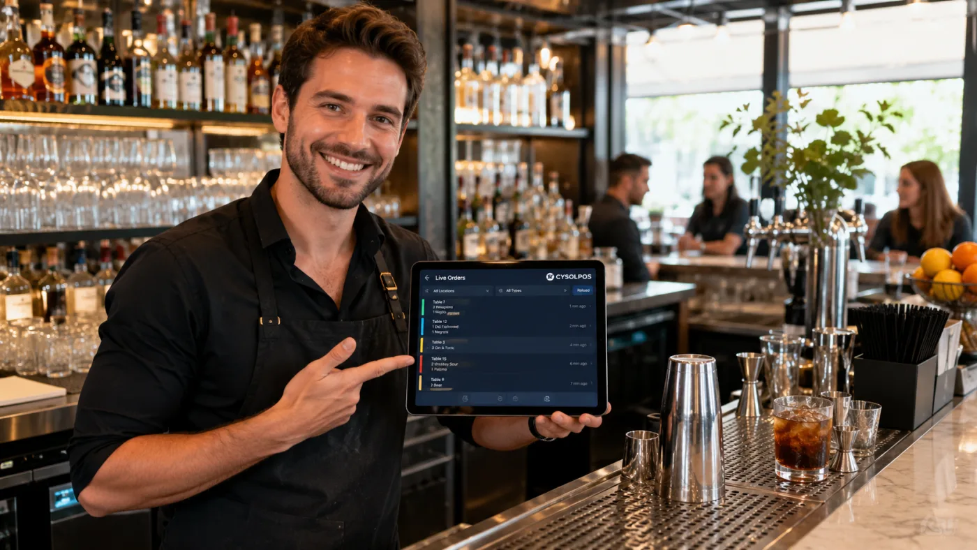 Derrière le comptoir d'un bar, un barman montre les commandes en cours sur une tablette CYSOL.